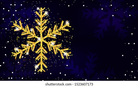 Christmas and New Year navy blue background with golden snowflake. Xmas decoration. Template for greeting card, banner or poster. Vector illustration.