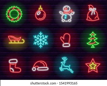 christmas and new year neon signs set