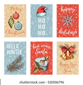 Christmas, New Year, Noel greeting card, posters, flyers, brochures, invitation set. Colorful Hand Drawn sketch vintage elements.