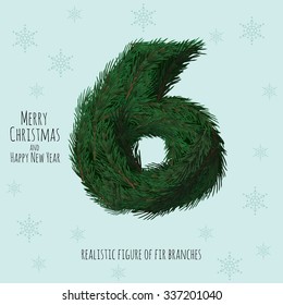 Christmas and new year the numbers of branches of spruce. The digits of 2016. Realistic vector tree. Template greeting cards, posters, invitations and other cards. Vector.