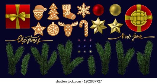 Christmas, New Year objects and element set with fir branch, gingerbread, gifts, shining stars and toys on blue background. Winter holiday pattern for templates, greeting card, menu and invitations.