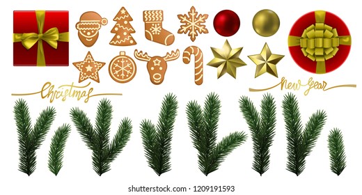 Christmas and New Year objects and element set with fir branch, gingerbread, gifts and toys on white background. Winter holiday pattern for templates, greeting card, menu and invitations.
