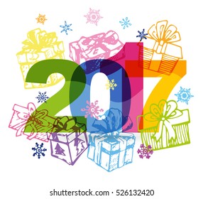 Christmas and New Year objects. Hand-drawn with ink. Vector illustration. Happy new year 2017 Text Design vector