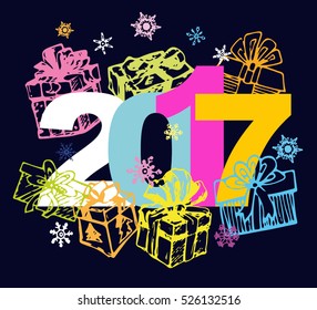 Christmas and New Year objects. Hand-drawn with ink. Vector illustration. Happy new year 2017 Text Design vector