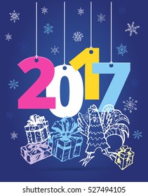 Christmas and New Year objects. Hand-drawn with ink. Vector illustration. Happy new year 2017 Text Design vector