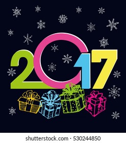 Christmas and New Year objects. Hand-drawn with ink. Vector illustration. Happy new year 2017 Text Design vector