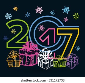 Christmas and New Year objects. Hand-drawn with ink. Vector illustration. Happy new year 2017 Text Design vector