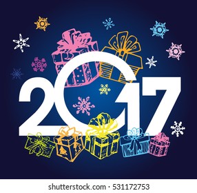 Christmas and New Year objects. Hand-drawn with ink. Vector illustration. Happy new year 2017 Text Design vector