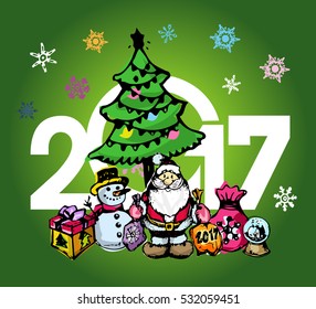 Christmas and New Year objects. Hand-drawn with ink. Vector illustration. Happy new year 2017 Text Design vector