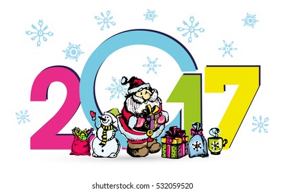 Christmas and New Year objects. Hand-drawn with ink. Vector illustration. Happy new year 2017 Text Design vector