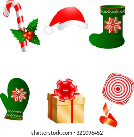 Christmas and New Year objects. Traditional gathering design elements santa hats, candy, a gift with a bow, stockings, gloves, tape vector illustration.