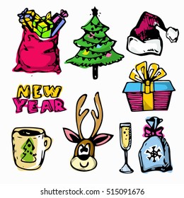  Christmas and New Year objects.Hand-drawn with ink. Vector illustration.