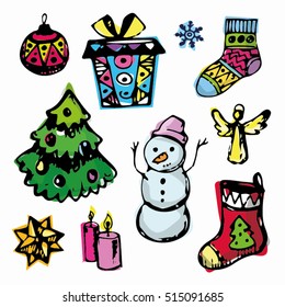  Christmas and New Year objects.Hand-drawn with ink. Vector illustration.