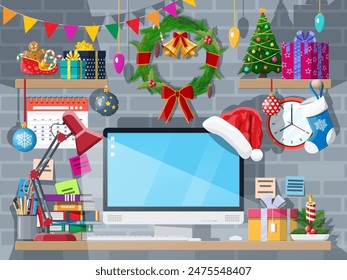 Christmas or new year office desk workspace interior. Gift box, Christmas tree, computer pc, wreath books clocks calendar. vector illustration. Holiday xmas celebration. Vector illustration flat style