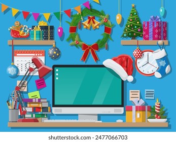 Christmas or new year office desk workspace interior. Gift box, Christmas tree, computer pc, wreath books clocks calendar. vector illustration. Holiday xmas celebration. Vector illustration flat style