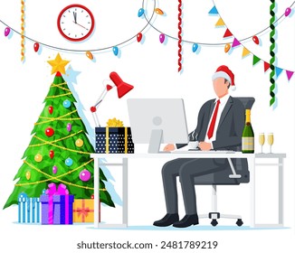 Navidades y Nuevo año Oficina Escritorio Espacio de trabajo Interior. Caja de regalo, árbol de Navidad, silla, ordenador, relojes. Personas empresariales. Decoración del Año Nuevo. Feliz Navidad de Navidades. Ilustración vectorial plana