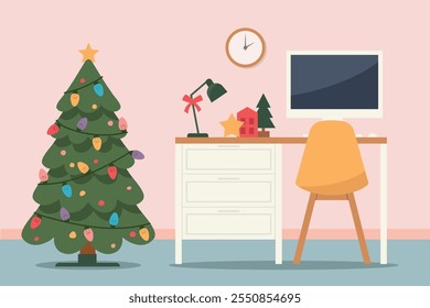Christmas, New Year office or home office interior- vector illustration