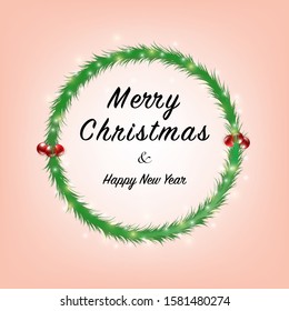 Christmas and New Year on pink pastel background with circle fir branches and christmas ball, Vector and illustration