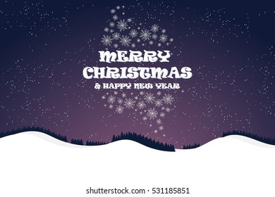 Christmas and New Year on shiny background with winter landscape with snowflakes, light, stars. Merry Christmas card. Vector Illustration