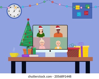 Christmas and New Year online celebration. Party online, video call. Flat vector illustration.