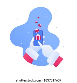 Christmas and new year online gift concept. Vector flat illustration. Santa claus hand in glove holding smartphone with red giftbox on screen. Design element for banner, poster, web holiday sale ad.