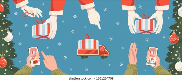Christmas and New Year online shopping and delivery or winter holiday sale concept. hands holding mobile phone with buy and delivered button, Santa's hands make Christmas gift box and deliver it