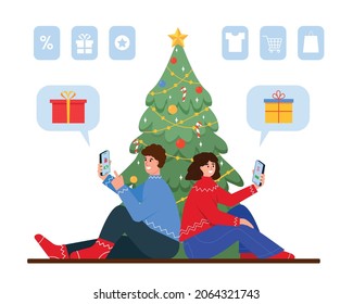 Christmas and New Year Online shopping, buying, sale concept. Young smilling people with smartphone near Christmas tree buying gifts on-line. Flat vector illustration.