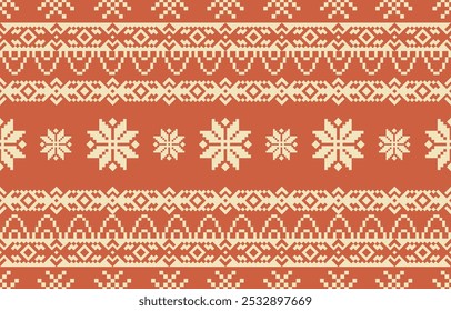 Christmas and New Year orange and cream seamless pattern, fairytale pixel pattern in white and green with Nordic snowflakes for winter hats, ugly sweaters, jumpers. wallpaper, paper or other design