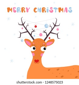 Christmas and New year orange deer postcard. Cute deer with horns decorated with garlands