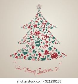 Christmas and new year ornament present decoration and object icon background badge template layout in Christmas tree shape used as celebration holiday card or website, create by vector 