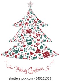 Christmas and new year ornament present decoration and object icon in isolated background badge template layout in Christmas tree shape used as celebration holiday card or website, create by vector
