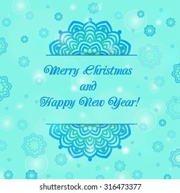 Christmas and New Year ornate cards on winter background in modern style. Elegant winter lacy decor pattern for your holiday design. Easily editable vector illustration