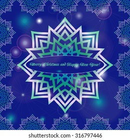 Christmas and New Year ornate cards with holiday symbol star on winter background in modern style. Elegant winter lacy decor pattern for your design Dark blue color Easily editable vector illustration