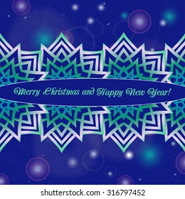 Christmas and New Year ornate cards with holiday symbol star on winter background in modern style. Elegant winter lacy decor pattern for your design Dark blue color Easily editable vector illustration