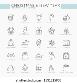 Christmas and New Year outline icons set. Vector thin line collection for Season's Greetings. Isolated winter holiday symbols - Santa, snowman, gifts, Christmas tree, snowflake, deer, cookie, etc.