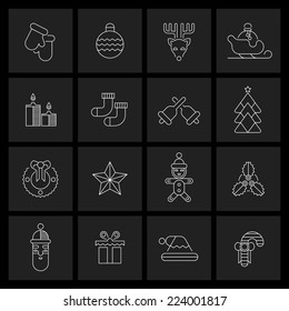 Christmas new year outline icons set with gloves ball deer sledge isolated vector illustration