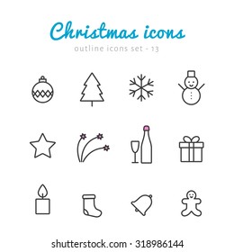 Christmas and New Year outline icons. Simple contour icons set