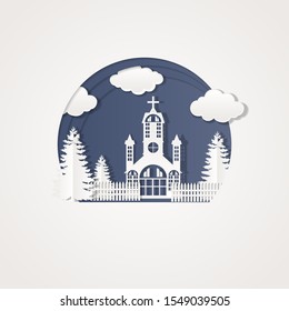 Christmas and New Year paper art with tree and house designs. vector, EPS 10