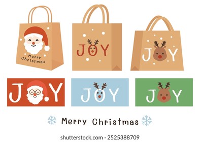 Christmas or New year paper bag with hand written fonts, reindeer, snowflakes and Cute price tag isolated on white background vector.
