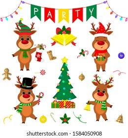 Christmas and New Year party 2020. Set of four cute reindeer in different costumes. Christmas tree, gifts, bells, sweets and other decor items. Cartoon style, Vector.