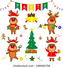 Christmas and New Year party 2020. Set of four cute reindeer in different costumes. Christmas tree, gifts, bells, sweets and other decor items. Cartoon style, Vector.