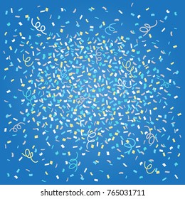 Christmas and New Year party background with confetti and streamer. Colorful gold, white elements on blue background. Festive vector design for winter holiday events, anniversary, birthday cards.