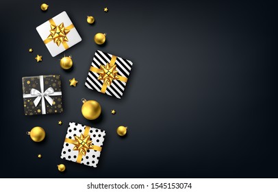 Christmas, New Year party black  background with gift box, golden ribbon and bow, gold Xmas ball. Top view.   Vector decoration.
