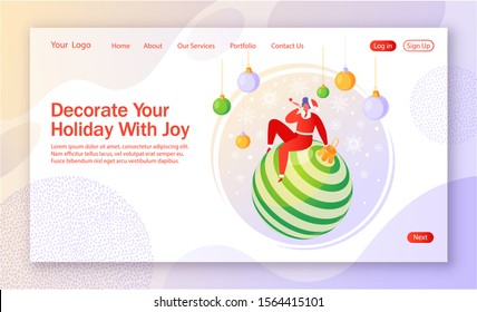 Christmas and New Year party concept with little man on big beautiful bright ball for the Christmas tree in santa claus costume blowing a pipe for web design, banner, mobile app, landing page.