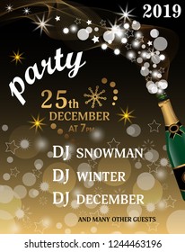 Christmas or New Year Party invitation template. Holiday background with Champagne bottle with golden glitter. Vector illustration.