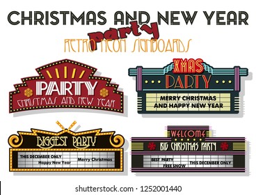 Christmas and New Year Party Invitation Stickers Retro Cinema Neon Signboards Stylization