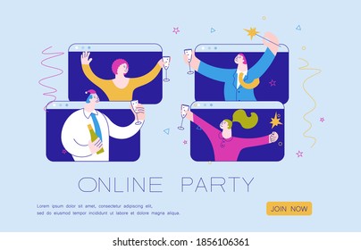 Christmas and New Year party invitation. Happy Business people with glasses of champagne having fun time together, celebrate and congratulate each other. Flat Art Vector Illustration