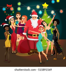 Christmas New Year party invitation. Santa Claus is photographed with a group of girls. Vector template party poster invitations or flyers