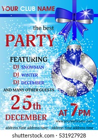 Christmas or New Year party invitation template background with a blue balloon and snow. Vector illustration.