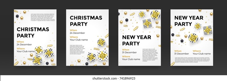 Christmas, New Year party invitation poster design for winter holiday celebration. Vector golden present gift, glittering star snowflake confetti or gold xmas decorations on white background.